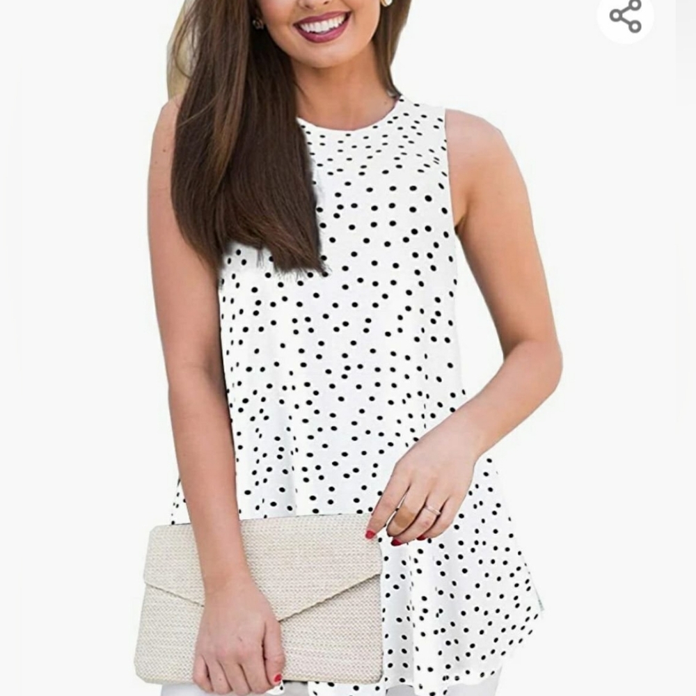 White Tunic Like Tank Top Shirt Blouse Black Polka Dots. Dress Up Or Down Small